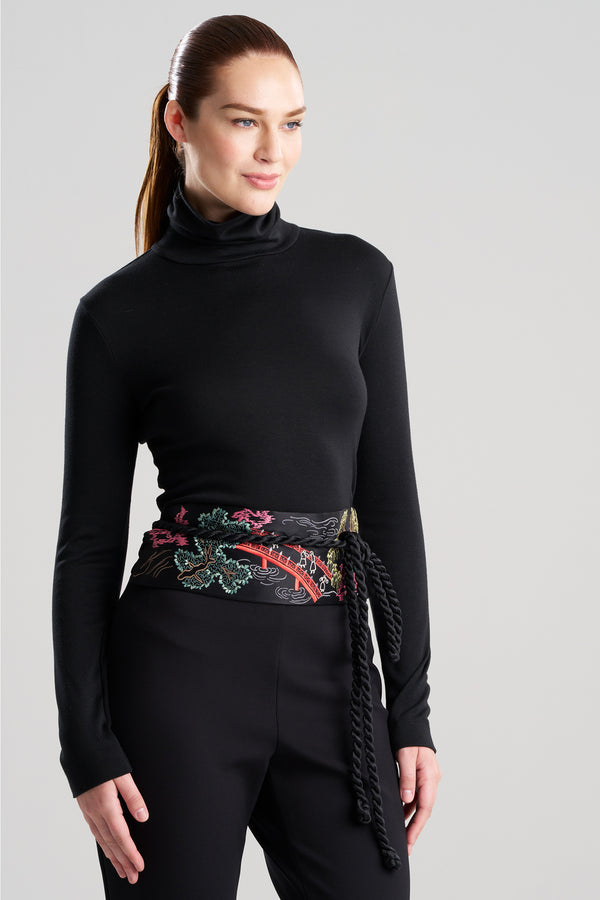 Natori Couture Nara Embroidered Silk Obi Belt Black Multi