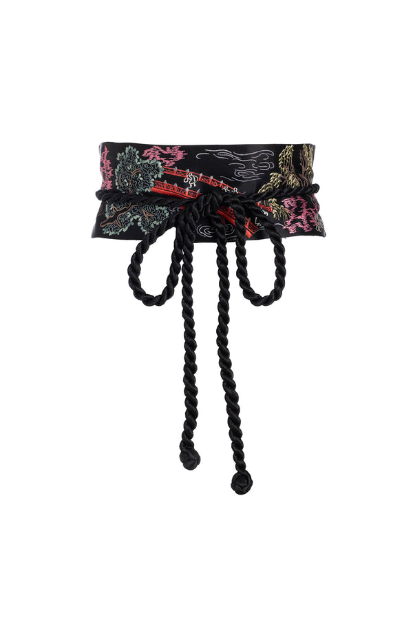 natori Couture Nara Embroidered Silk Obi Belt Black Multi
