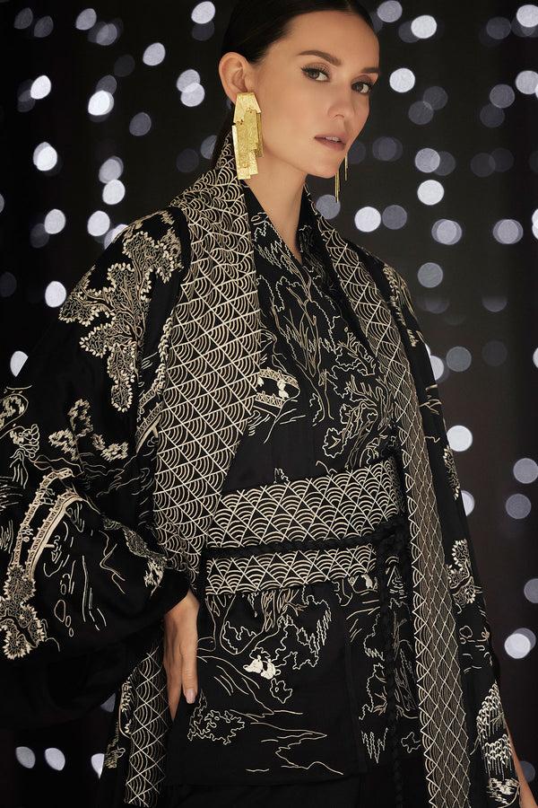 natori Couture Nara Embroidered Silk Vest Black/White