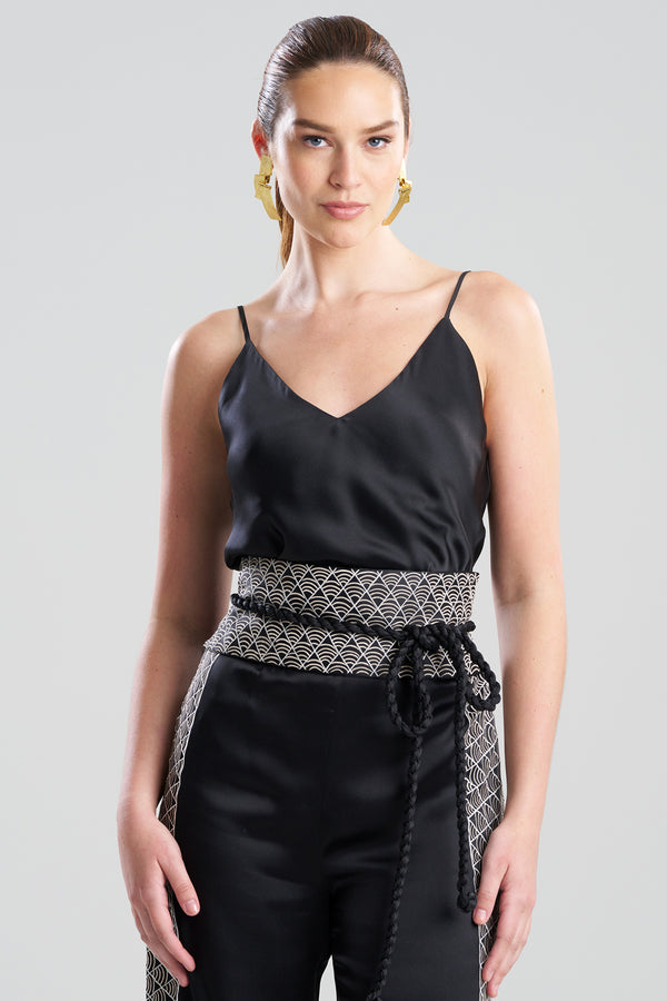 Natori Couture Nara Geometric Embroidered Silk Obi Belt Black/White