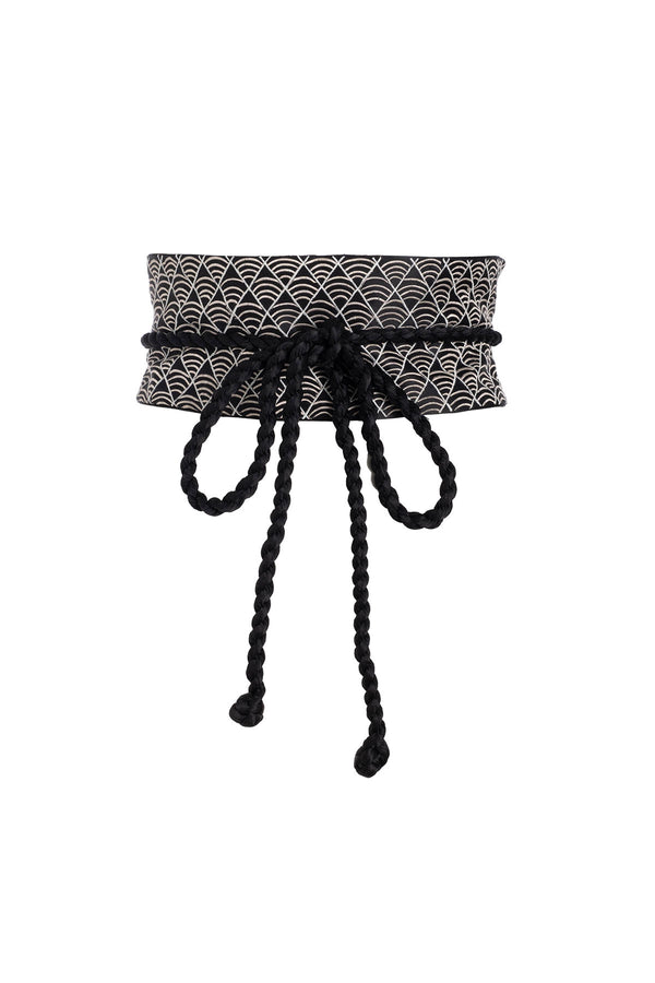 natori Couture Nara Geometric Embroidered Silk Obi Belt Black/White