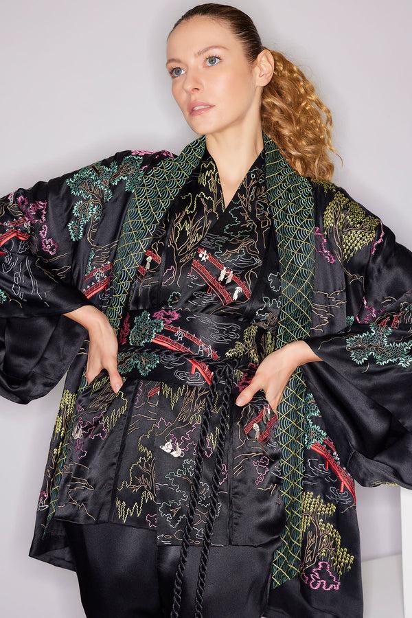 Natori Couture Nara Multi Embroidered Silk Kimono Black Multi