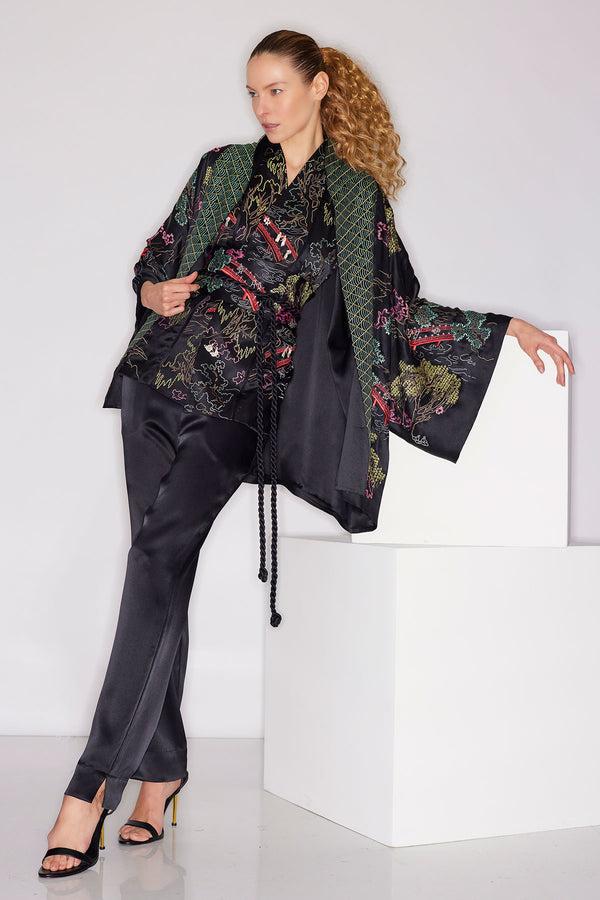 natori Couture Nara Multi Embroidered Silk Kimono Black Multi