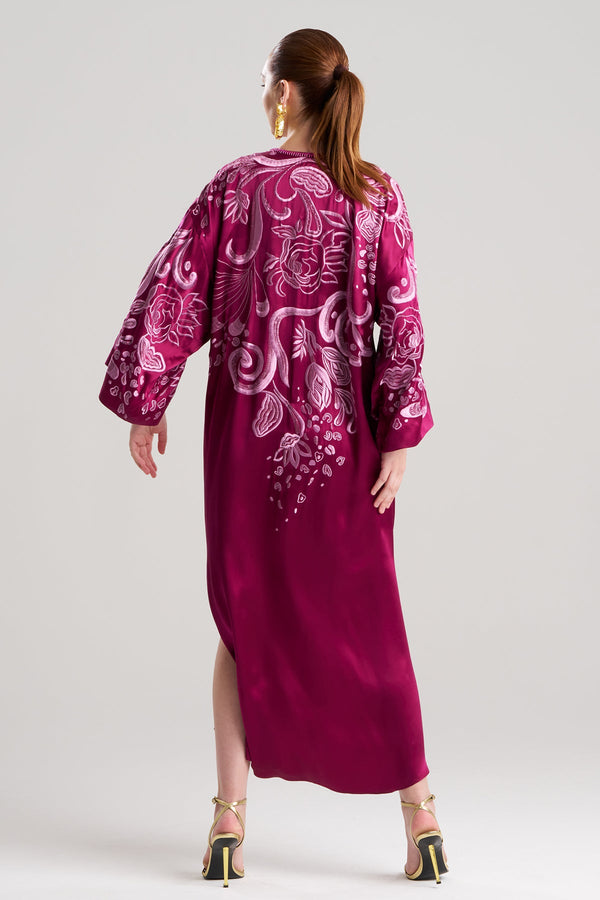Natori Couture Nouveau Embellished Silk Caftan Deep Garnet