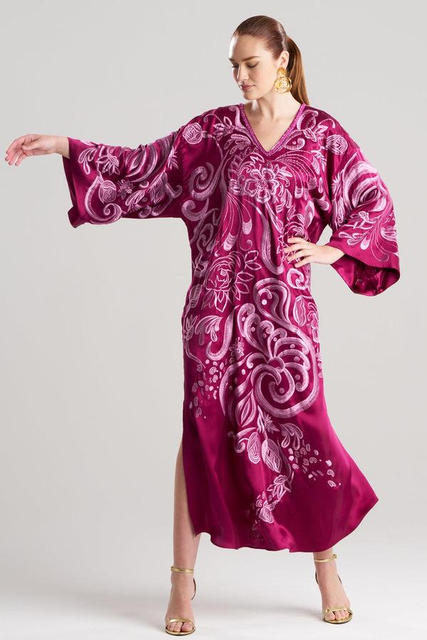 natori Couture Nouveau Embellished Silk Caftan Deep Garnet