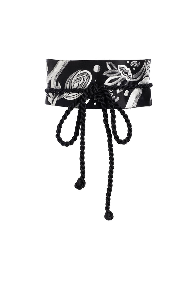 natori Couture Nouveau Embroidered Silk Obi Belt Black