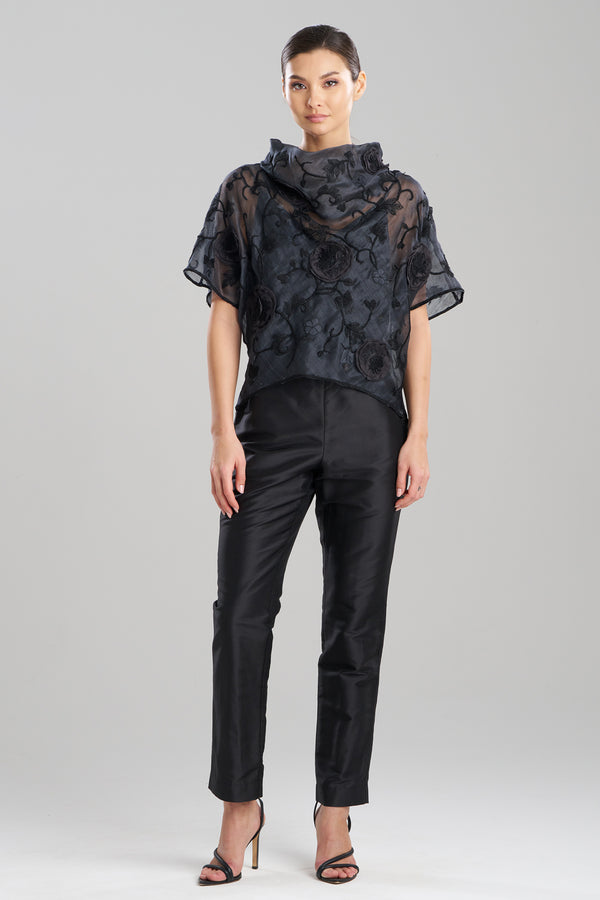 natori Couture Piña Embroidered Funnel Neck Top Black
