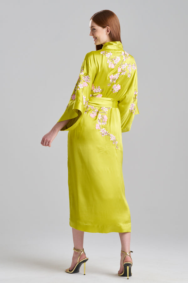 Natori Couture Sakura Embroidered Floral Silk Robe Chartreuse