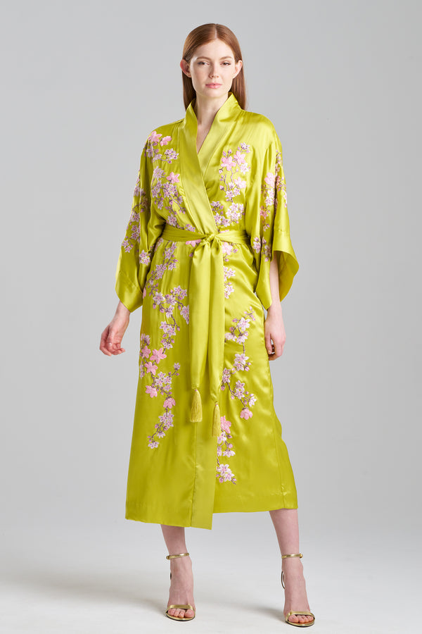 natori Couture Sakura Embroidered Floral Silk Robe Chartreuse