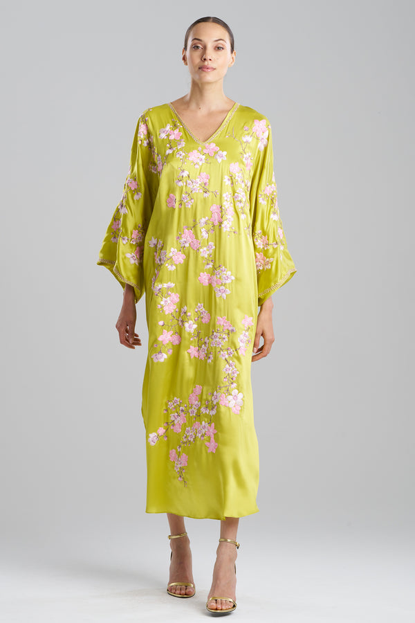 Natori Couture Sakura Embroidered Silk Caftan Chartreuse