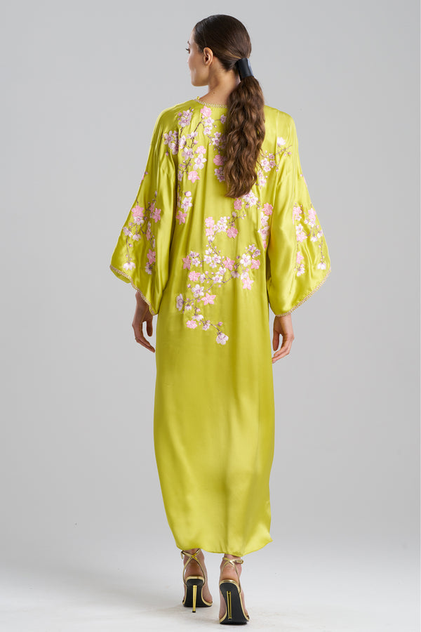 Natori Couture Sakura Embroidered Silk Caftan Chartreuse