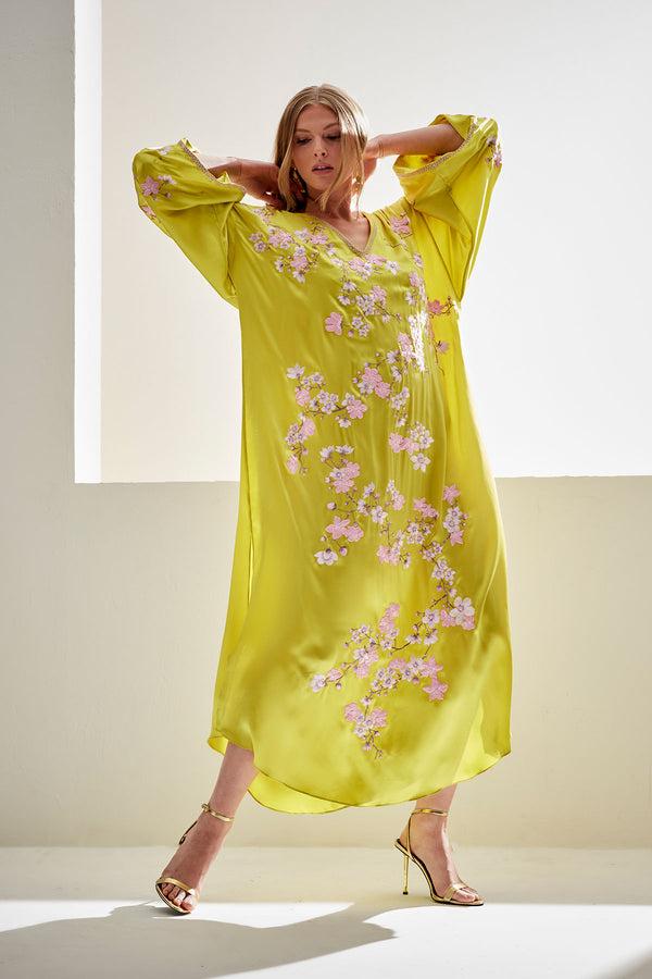 natori Couture Sakura Embroidered Silk Caftan Chartreuse