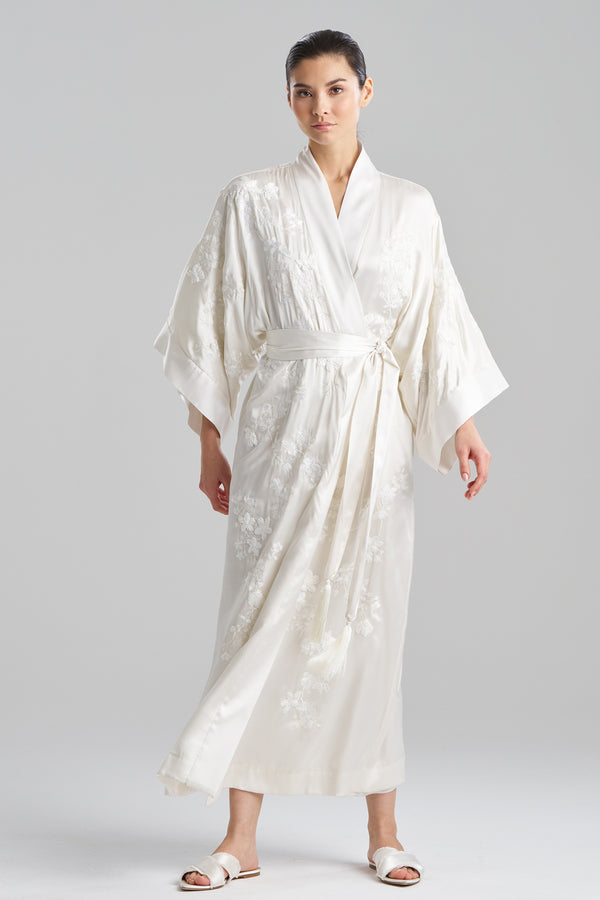 Natori Couture Sakura Embroidered Silk Robe Warm White