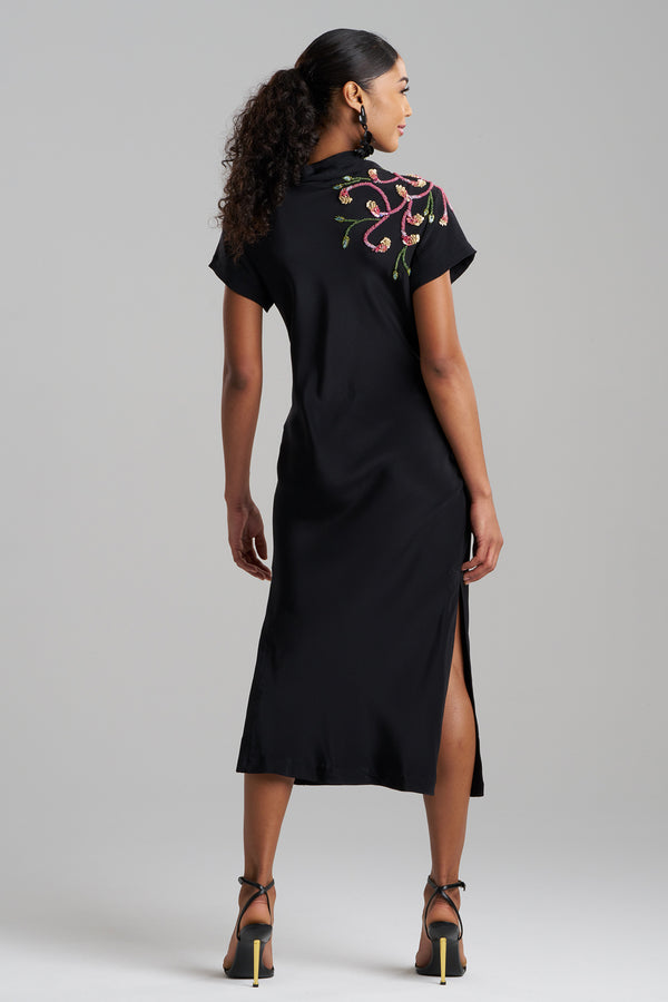Natori Couture Silk Crepe Embellished Column Dress Black