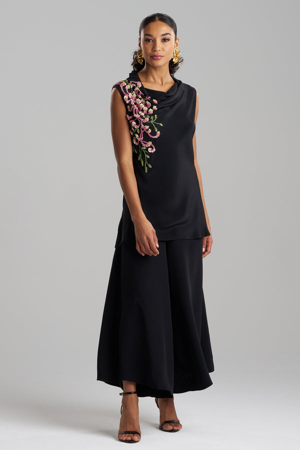 Natori Couture Silk Crepe Embellished Funnel Neck Top Black