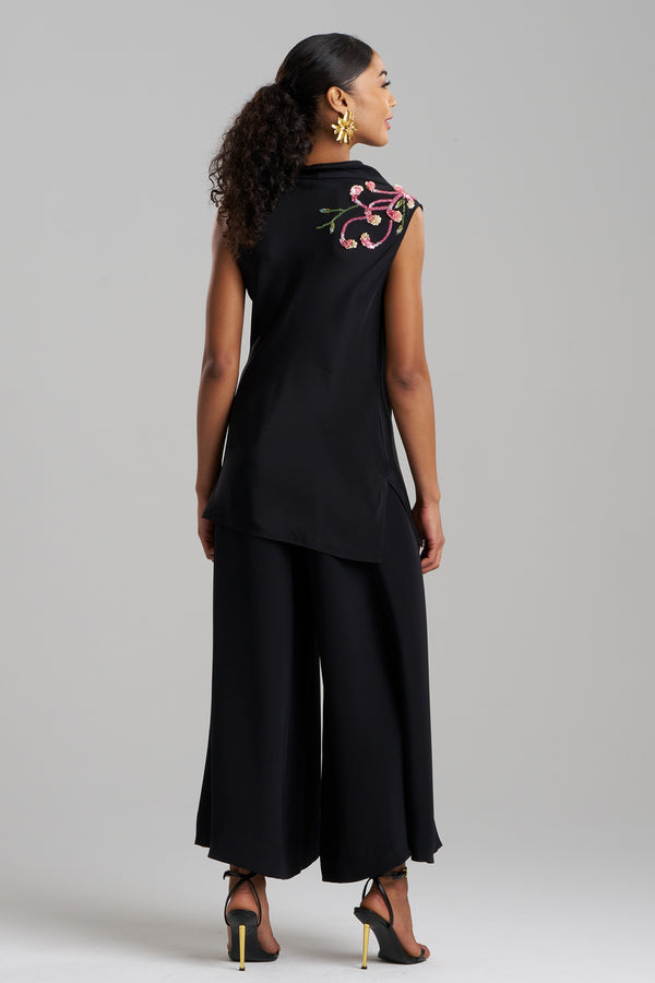 Natori Couture Silk Crepe Embellished Funnel Neck Top Black