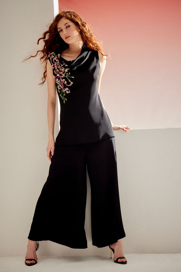 natori Couture Silk Crepe Embellished Funnel Neck Top Black