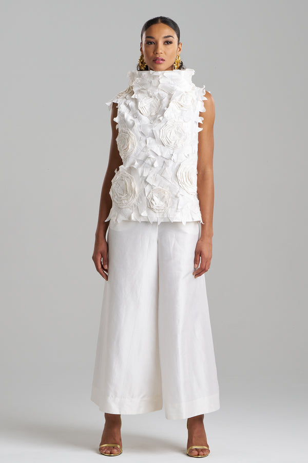 Natori Couture Silk Dupioni Embellished Funnel Neck Top White