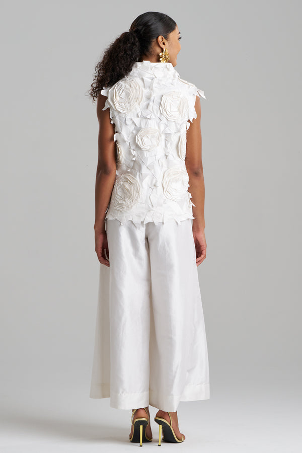 Natori Couture Silk Dupioni Embellished Funnel Neck Top White