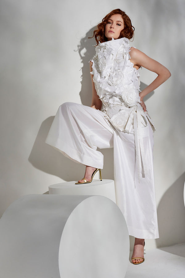 Natori Couture Silk Dupioni Embellished Funnel Neck Top White