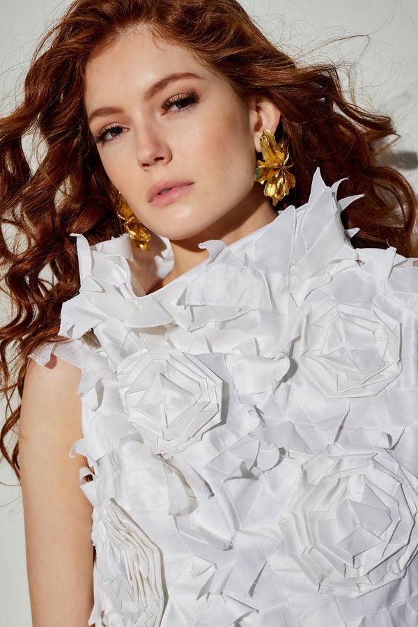 natori Couture Silk Dupioni Embellished Funnel Neck Top White