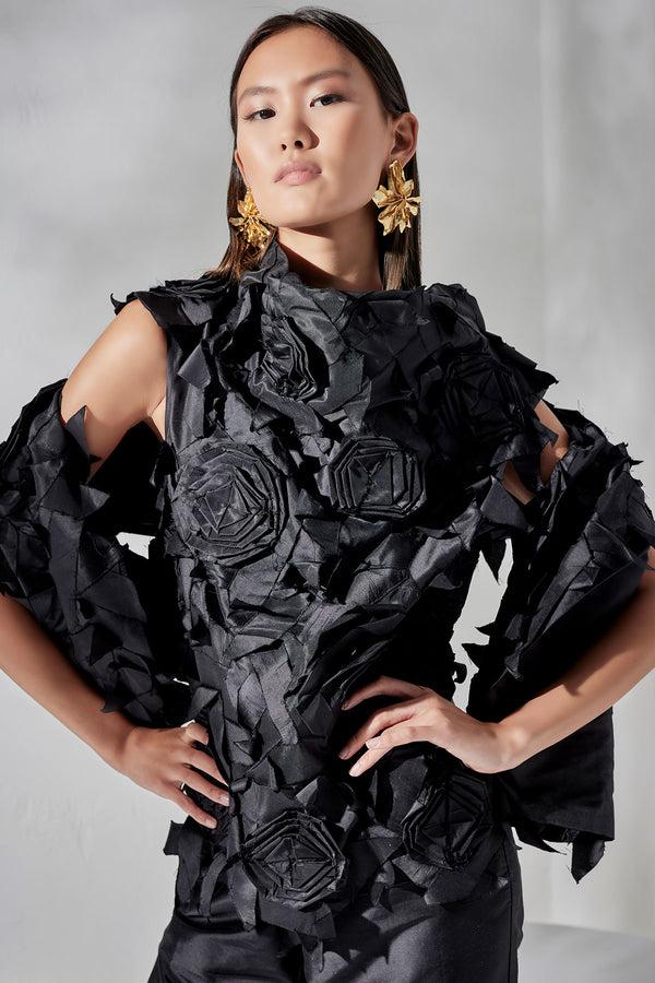 natori Couture Silk Dupioni Embellished Shawl Black