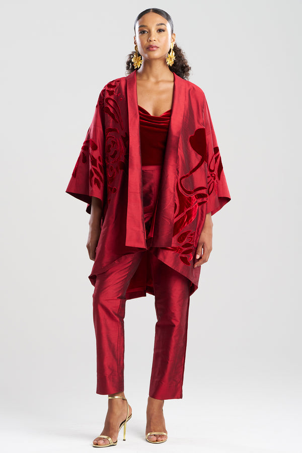 Natori Couture Silk Dupioni Embroidered Coat Red Garnet