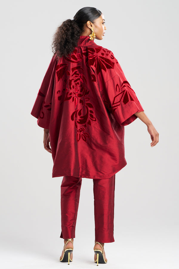 Natori Couture Silk Dupioni Embroidered Coat Red Garnet