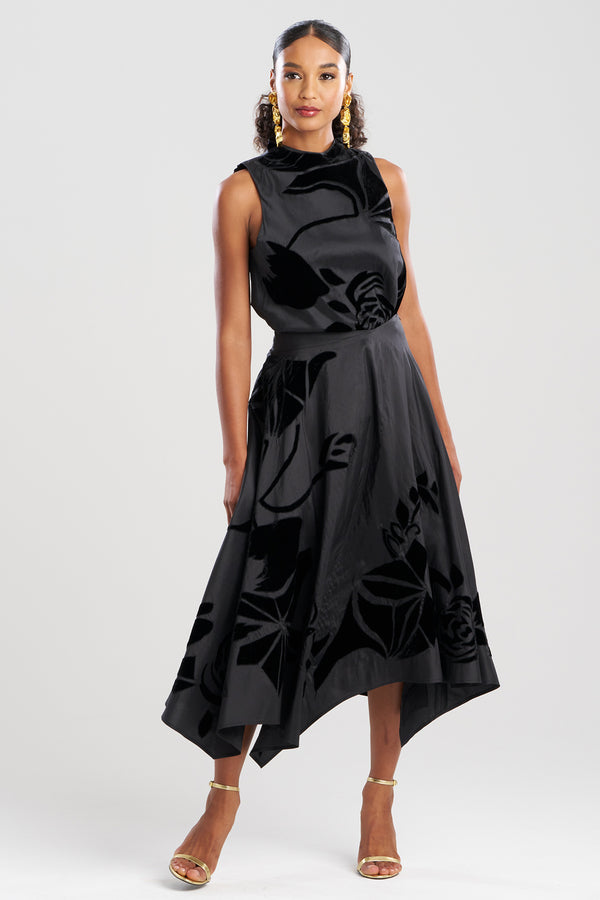 Natori Couture Silk Dupioni Embroidered Skirt Black