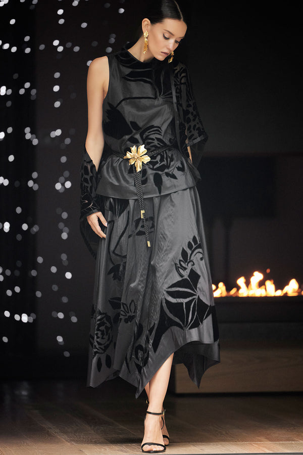 natori Couture Silk Dupioni Embroidered Skirt Black