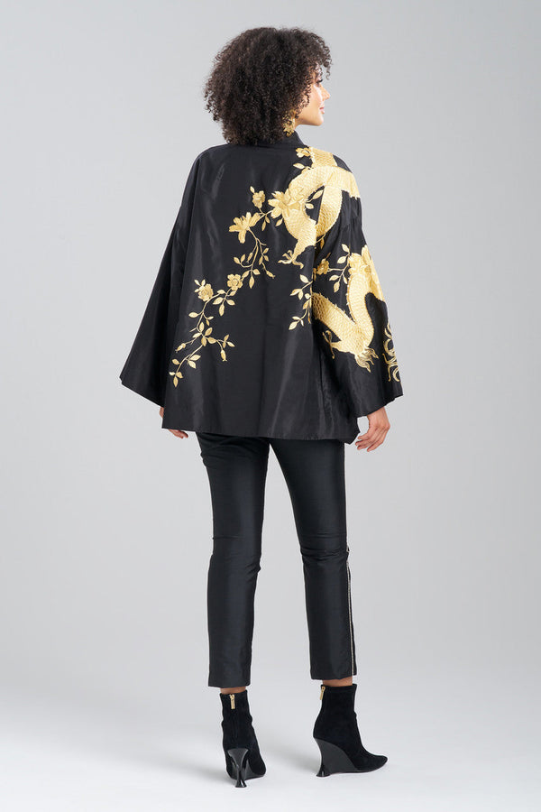 Natori Couture Silk Taffeta Embroidered Dragon Coat Black