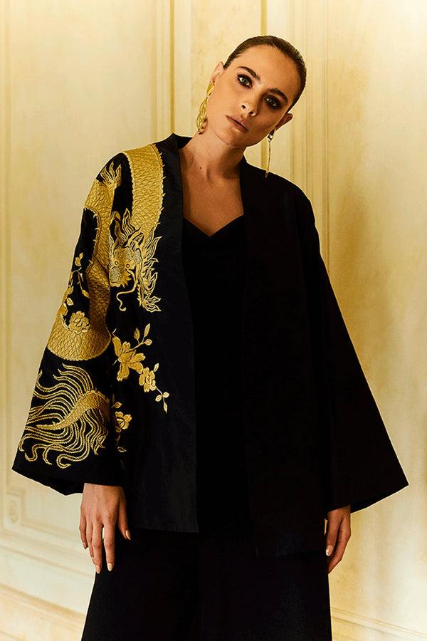 Natori Couture Silk Taffeta Embroidered Dragon Coat Black