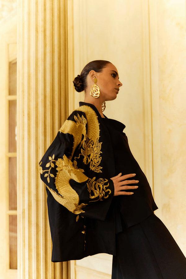 Natori Couture Silk Taffeta Embroidered Dragon Coat Black