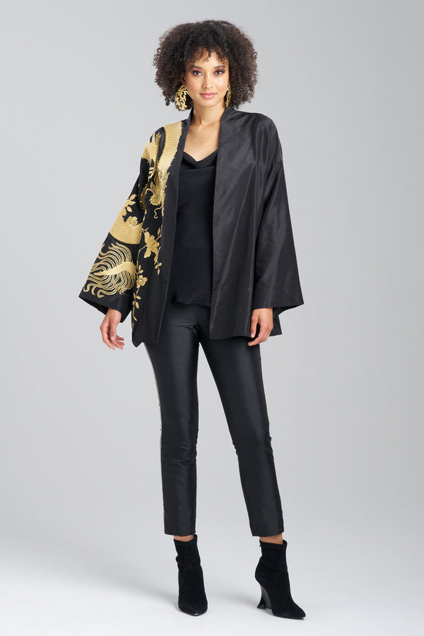 natori Couture Silk Taffeta Embroidered Dragon Coat Black