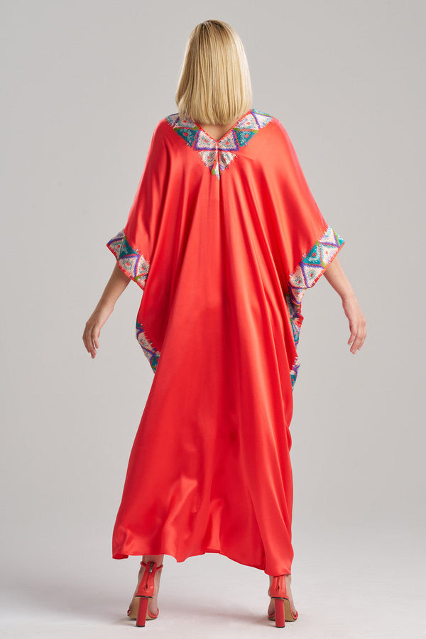 Natori Couture Toulouse Embroidered Kimono Silk Caftan Coral Peach