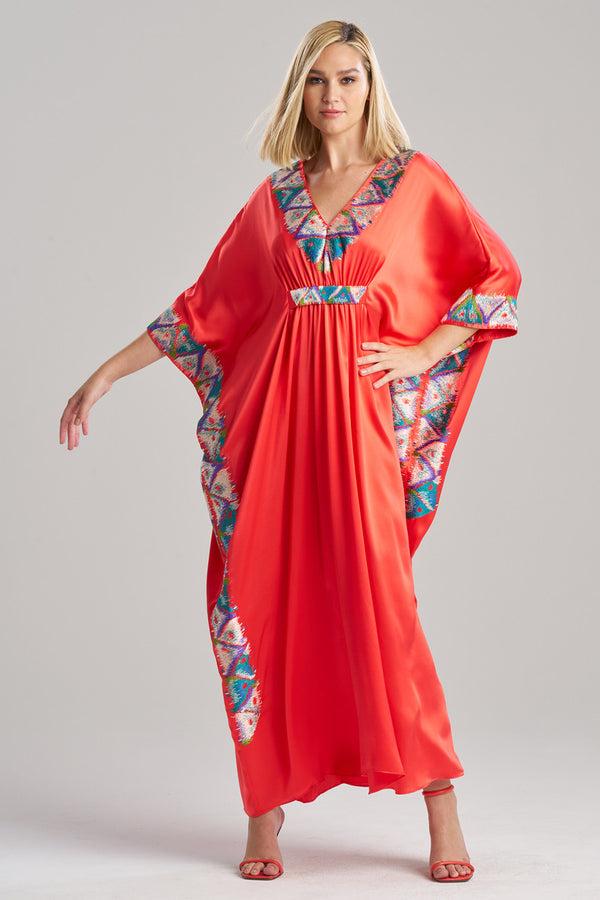 natori Couture Toulouse Embroidered Kimono Silk Caftan Coral Peach
