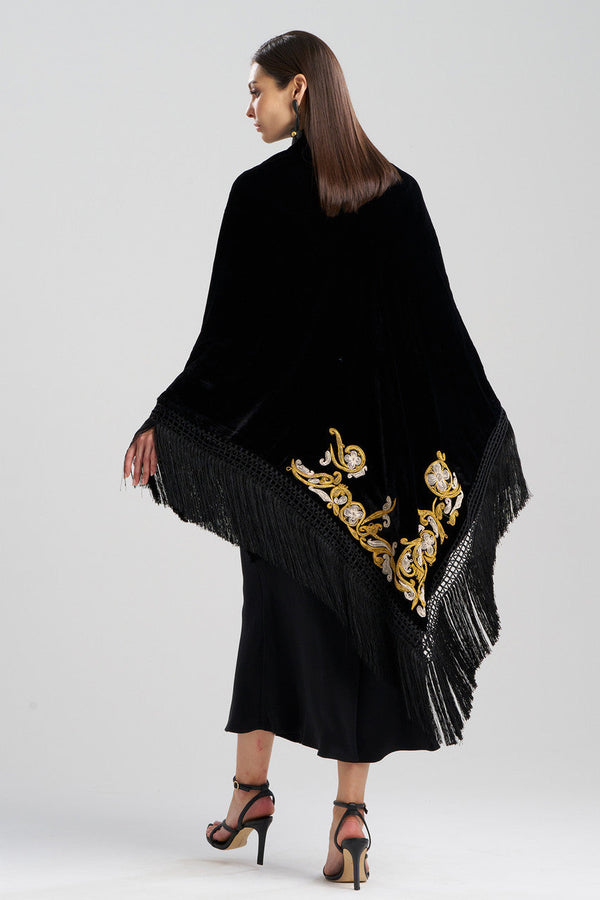 Natori Couture Velvet Embroidered Fringe Shawl Black