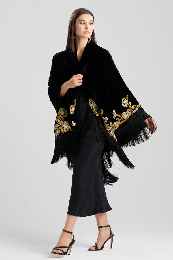 natori Couture Velvet Embroidered Fringe Shawl Black