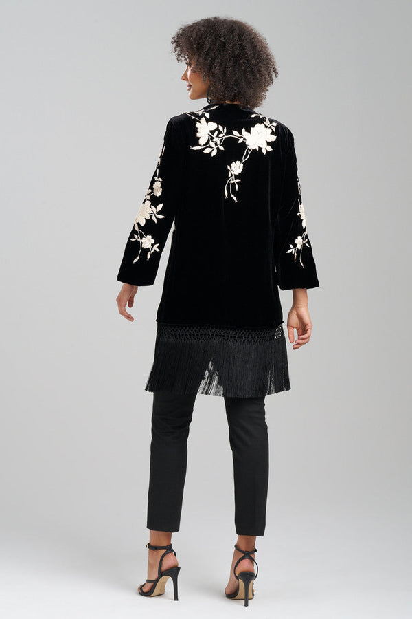 Natori Couture Velvet Silk Embroidered Fringe Tunic Black