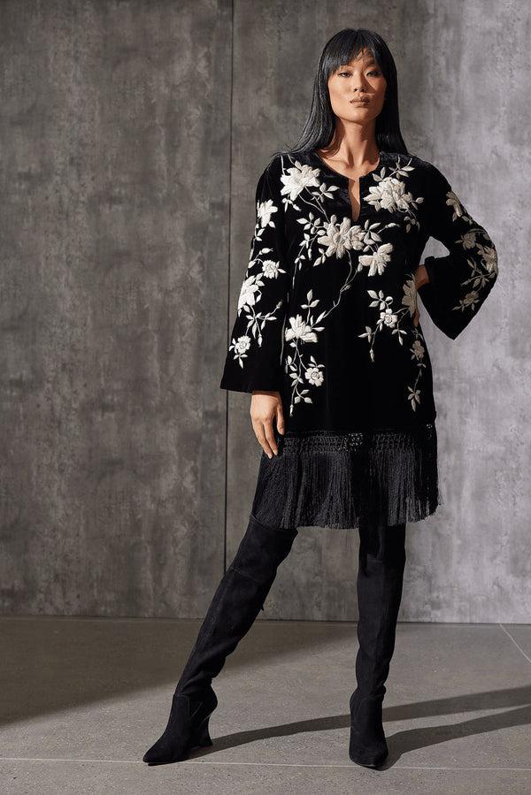 Natori Couture Velvet Silk Embroidered Fringe Tunic Black