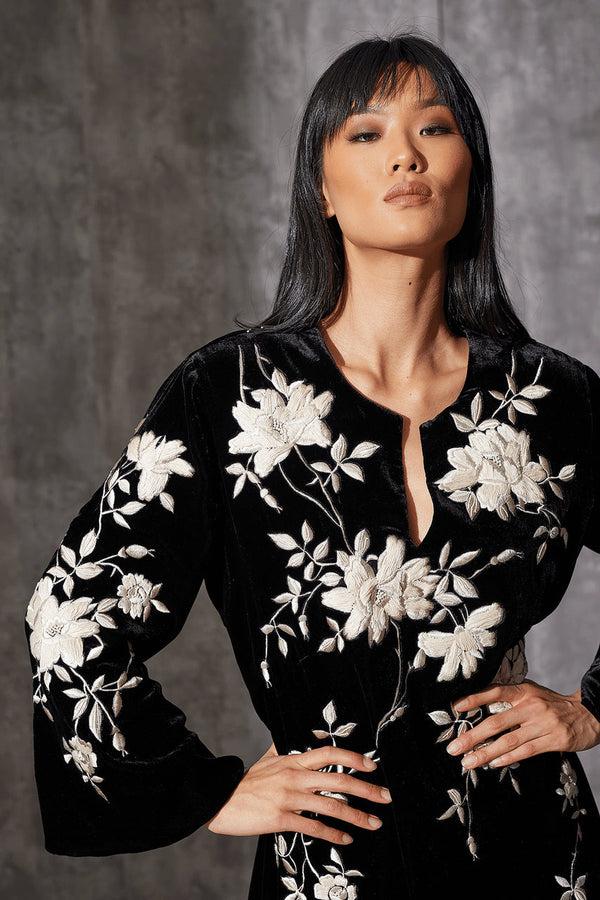 Natori Couture Velvet Silk Embroidered Fringe Tunic Black