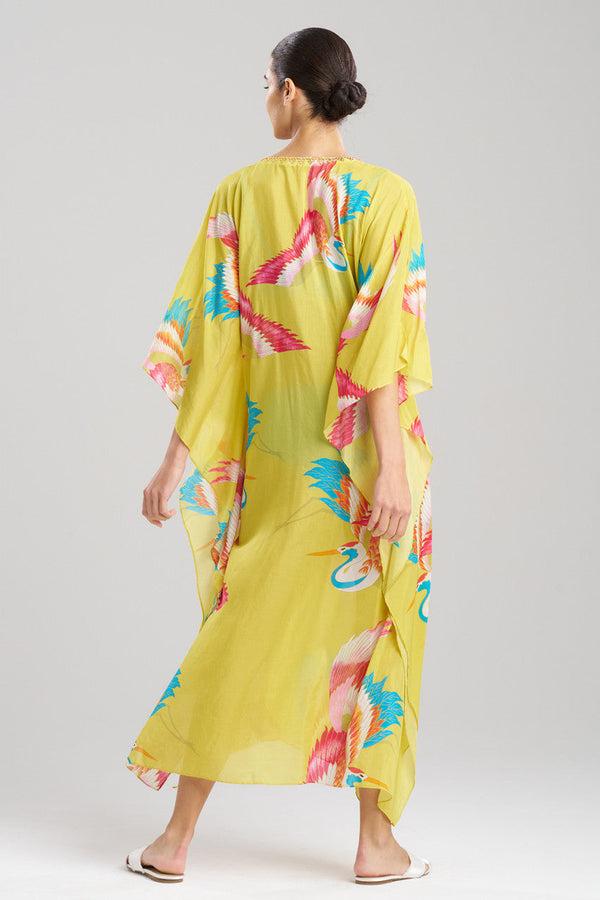 Natori Crane Cotton Silk Sequined Sheer Caftan Chartreuse Multi