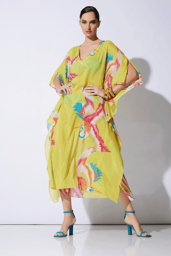 Natori Crane Cotton Silk Sequined Sheer Caftan Chartreuse Multi