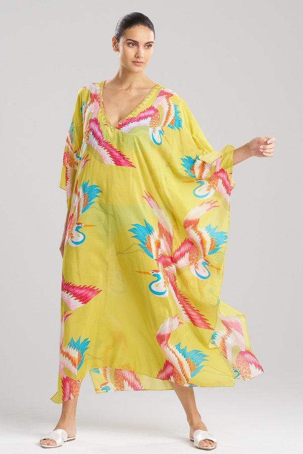 natori Crane Cotton Silk Sequined Sheer Caftan Chartreuse Multi