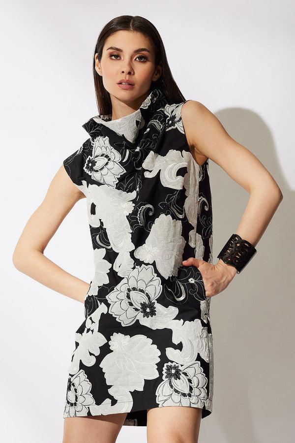 natori Cressida Applique Funnel Shift Dress Black Cream