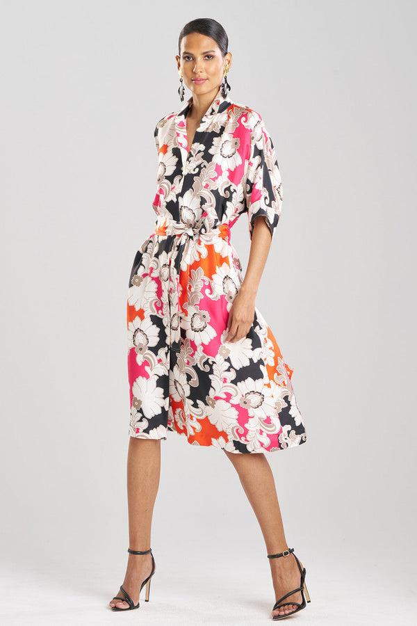 Natori Cressida Printed Silk Twill Belted Shirtdress Multi Combo