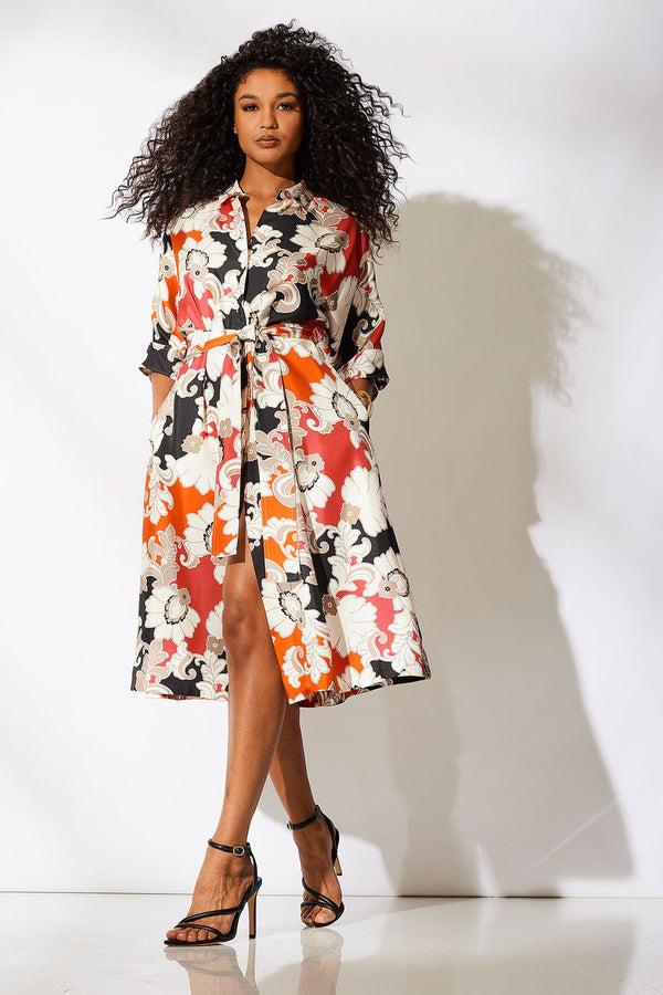 Natori Cressida Printed Silk Twill Belted Shirtdress Multi Combo