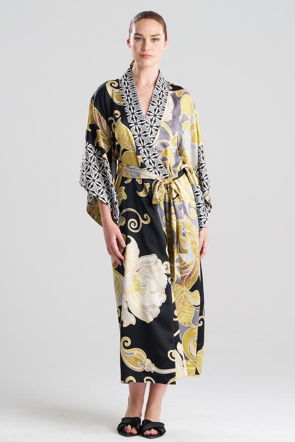 Natori Deco Printed Charmeuse Kimono Robe Black/Gold