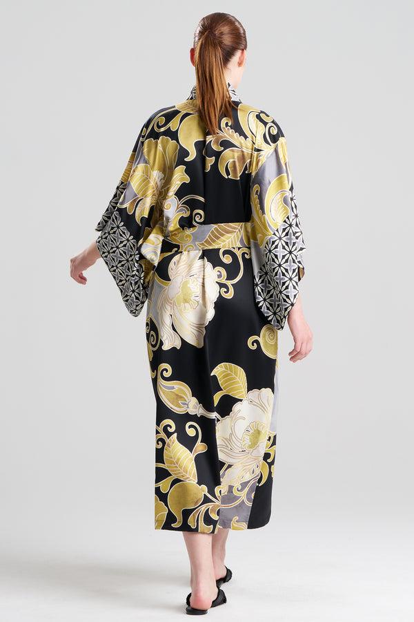 Natori Deco Printed Charmeuse Kimono Robe Black/Gold
