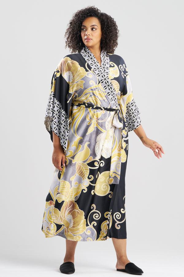 Natori Deco Printed Charmeuse Kimono Robe Black/Gold